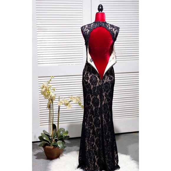 Betsy & Adam Black Lace Floral Nude Underlay Open Back Maxi Dress Size 4 2223 - Picture 14 of 16